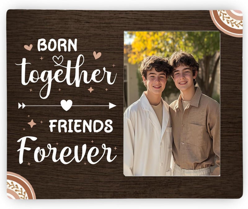 CAIFZ Born Together Friends Forever Boho Picture Frame, Twins New Baby Wooden Photo Frame, 4x6 inch Photo - Image 1